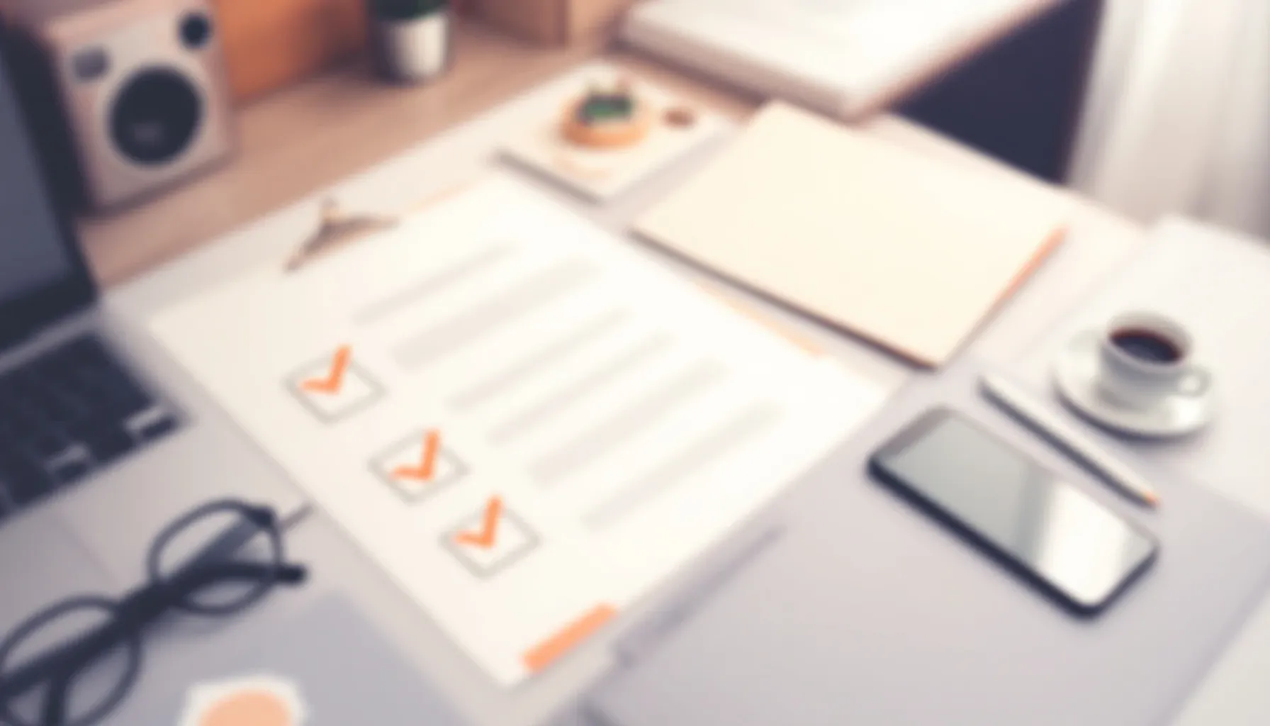 Clean desk workspace with organized documents and a checklist in soft focus, neutral tones, natural window lighting from