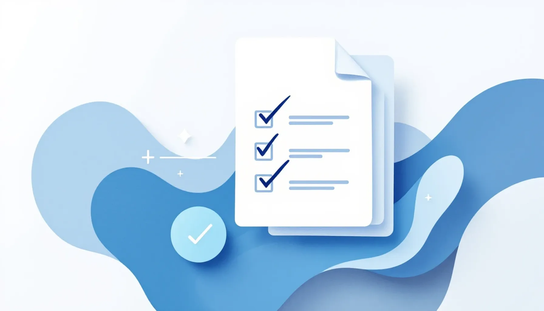 Minimalist illustration of a document with checkmarks flowing into a review panel, 35mm equivalent, soft blue and gray t